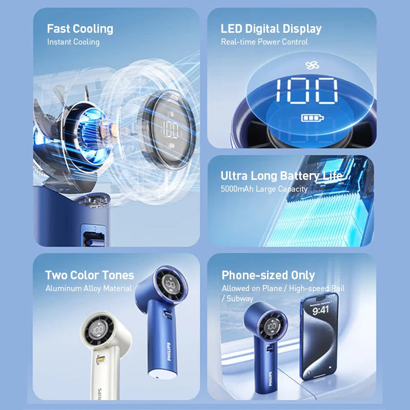 Philips Portable Handheld Fan 5000mAh Metal Shell USB-C 100-Speed Portable Handheld Fan SWANS
