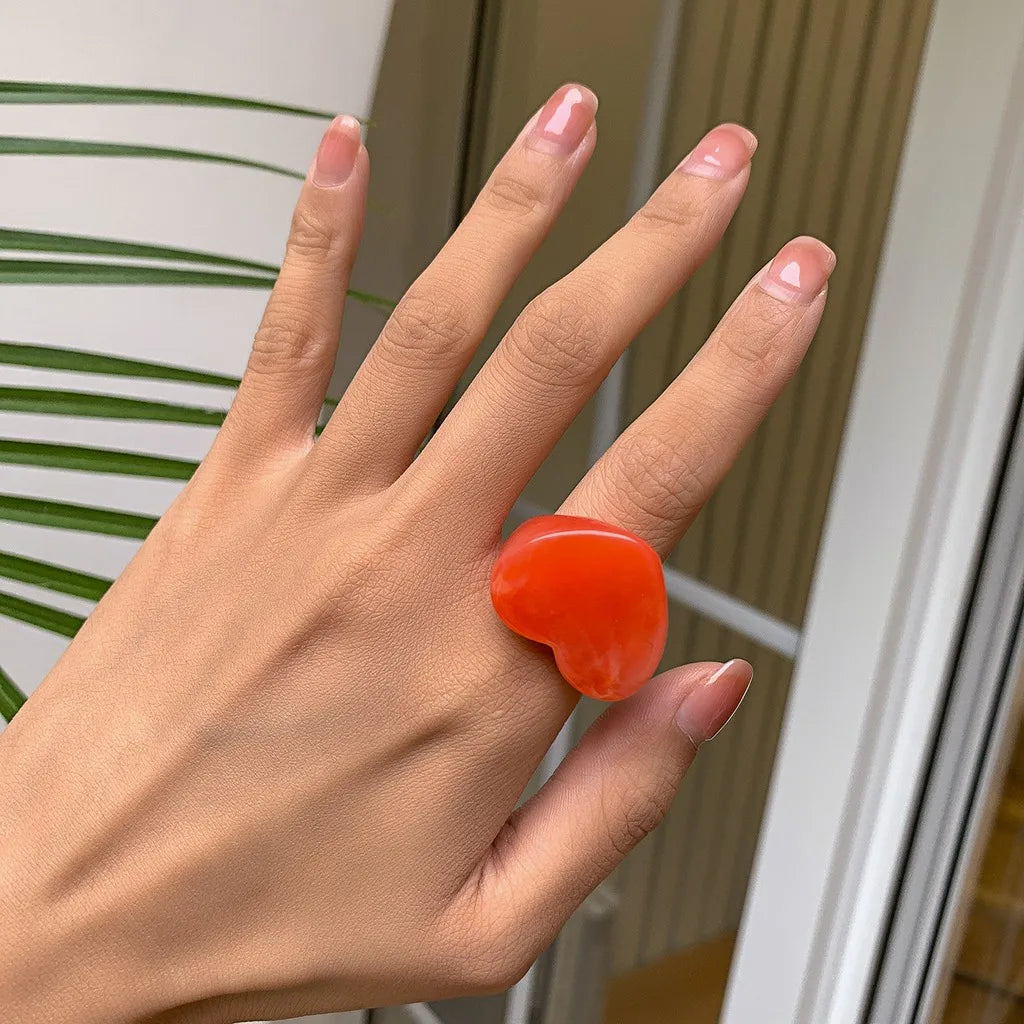 Chunky Heart Resin Ring – Handmade Colorful Statement Ring Resin Statement Ring SWANS Orange Red