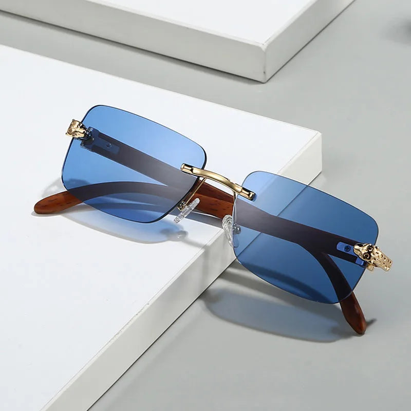 TOYEARN Rimless Square Sunglasses UV400 Vintage Wooden Grain Fashion Sunglasses SWANS