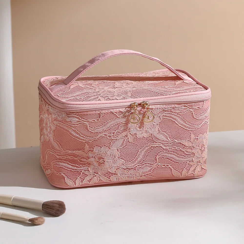 Elegant Lace Floral Makeup Bag – Large Travel Cosmetic Pouch Cosmetic Travel Bag SWANS Pink