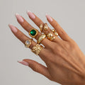 6-Piece Gold Plated Geometric Gemstone Ring Set – Adjustable Fashion Ring Set SWANS 6Pcs