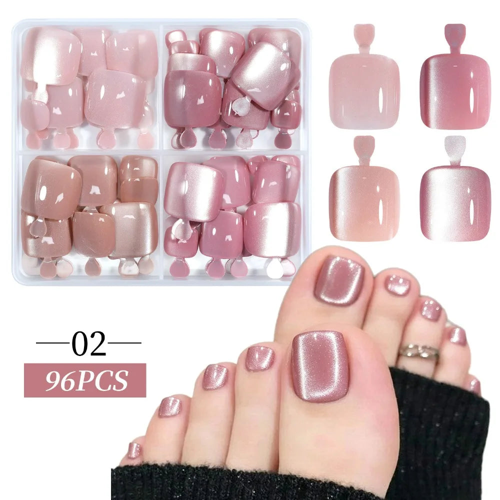 Short Square Press-On Toenails – French & Cat Eye Tips 24/30pc Press-On Toenails SWANS Style 02