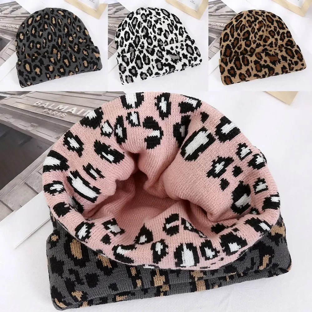 Y2K Leopard Knit Skullcap – Unisex Brimless Beanie Hat Knit Beanie Hat SWANS