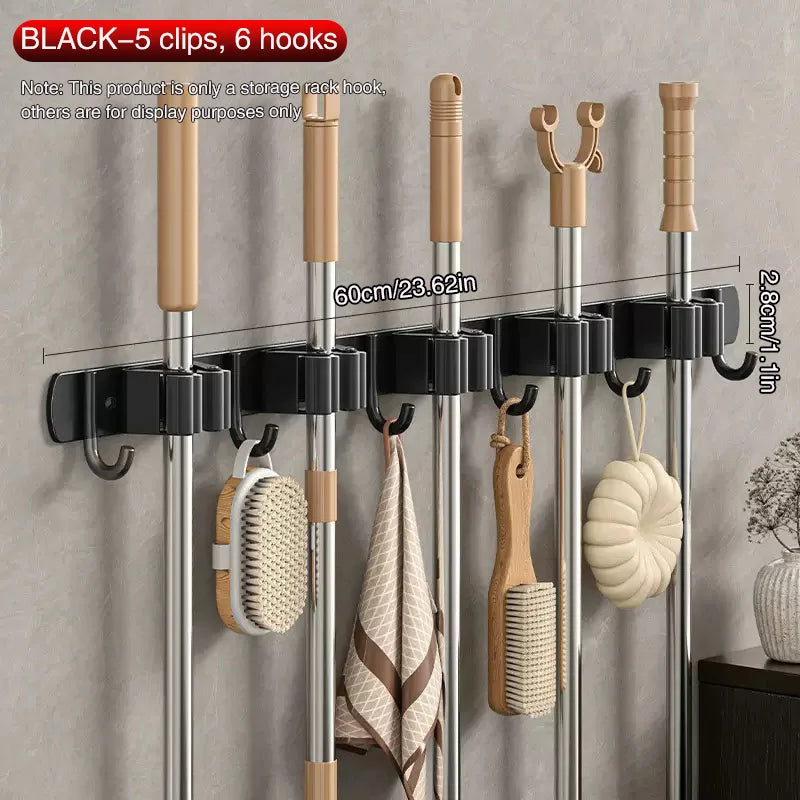 SWANS No-Drill Wall Mount Mop & Broom Rack – Stainless Steel Wall Storage Rack SWANS 5 clip 6 hooks BLACK