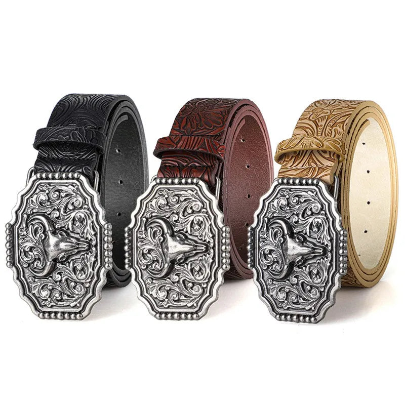Western Cowboy Vintage Belt – Ox Head Buckle & Bohemian Print Western Fashion Belt SWANS