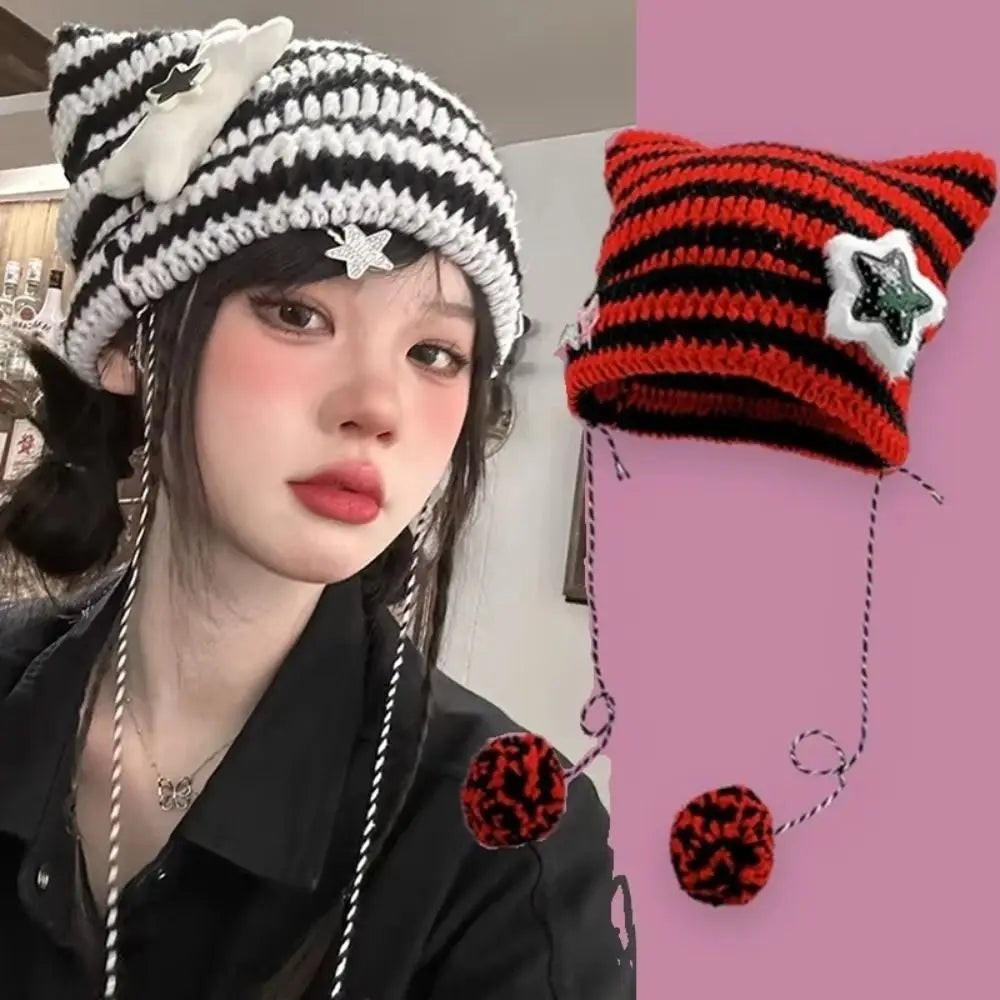 Y2K Knitted Beanie Hat – Pointed Ears Striped Star Devil Knitted Beanie Hat SWANS