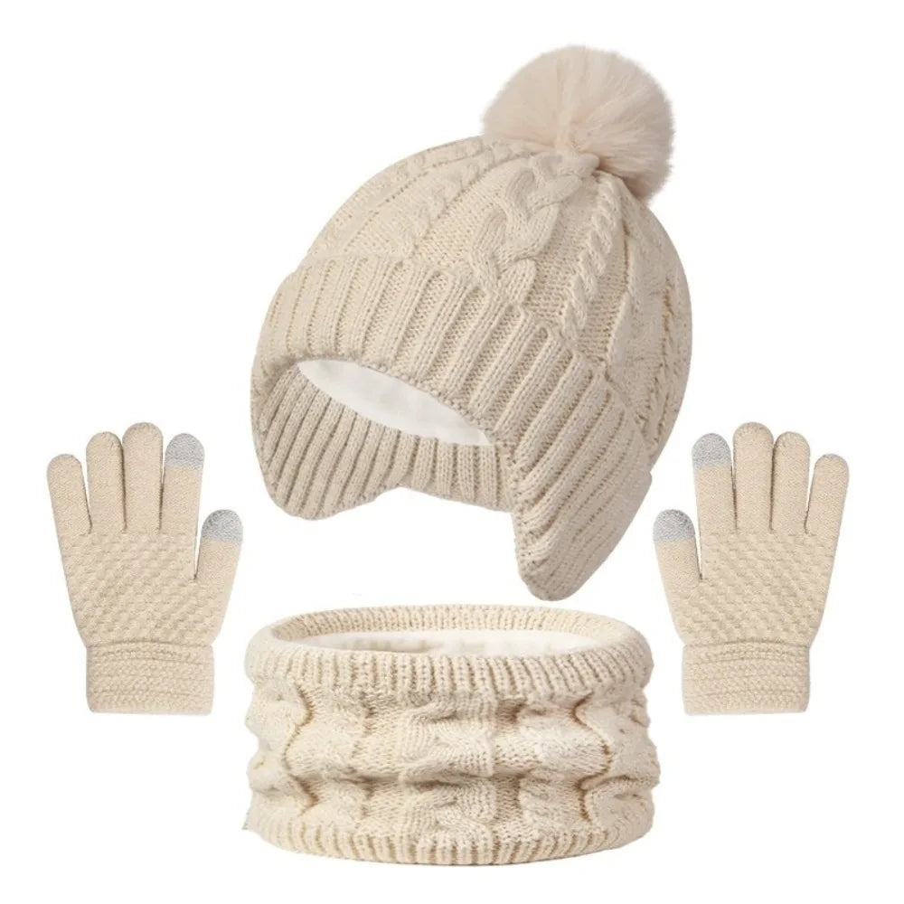 Kids Winter Knit Hat Scarf & Gloves Set – Pompom 3–10Y Kids Winter Accessories Set SWANS Beige