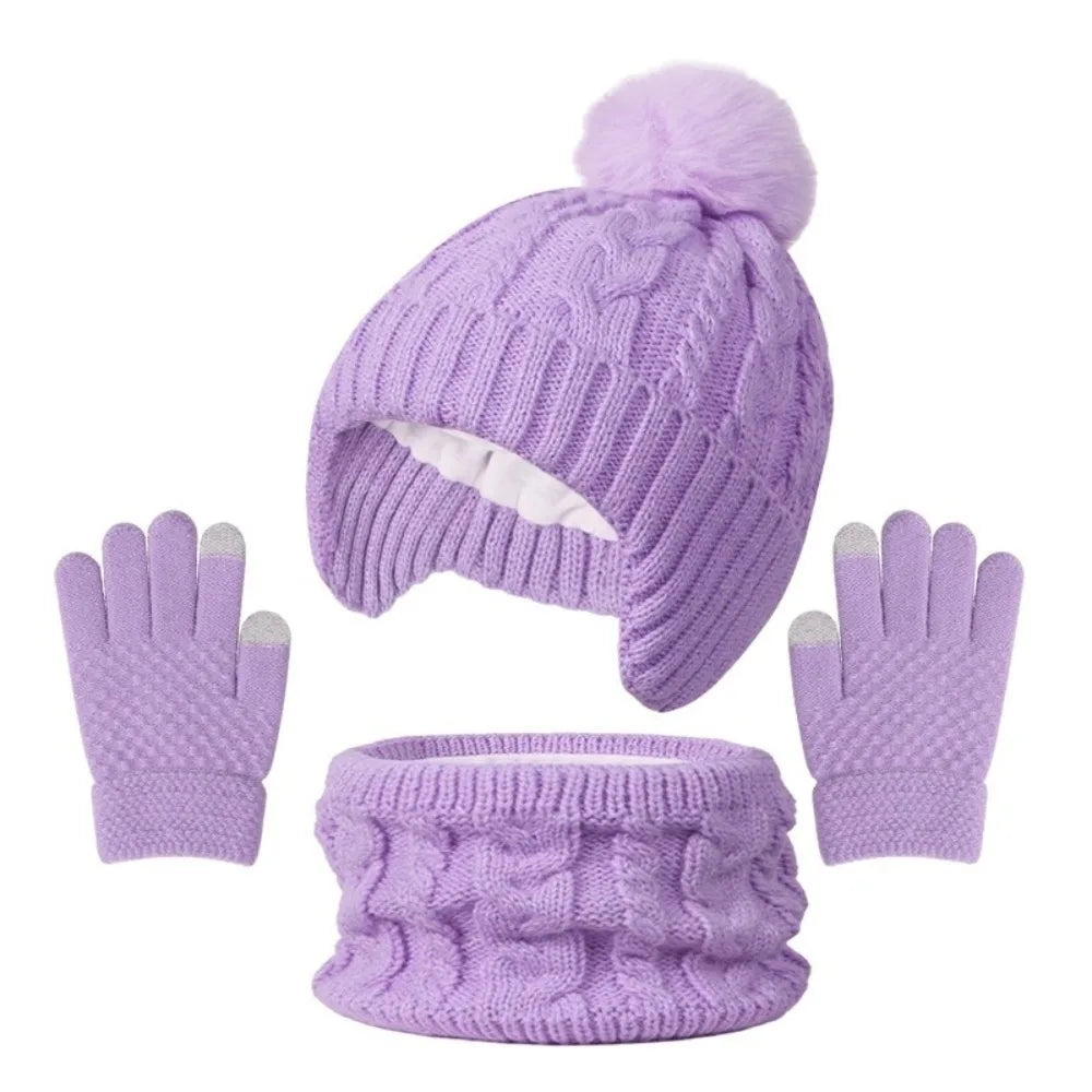 Kids Winter Knit Hat Scarf & Gloves Set – Pompom 3–10Y Kids Winter Accessories Set SWANS Purple