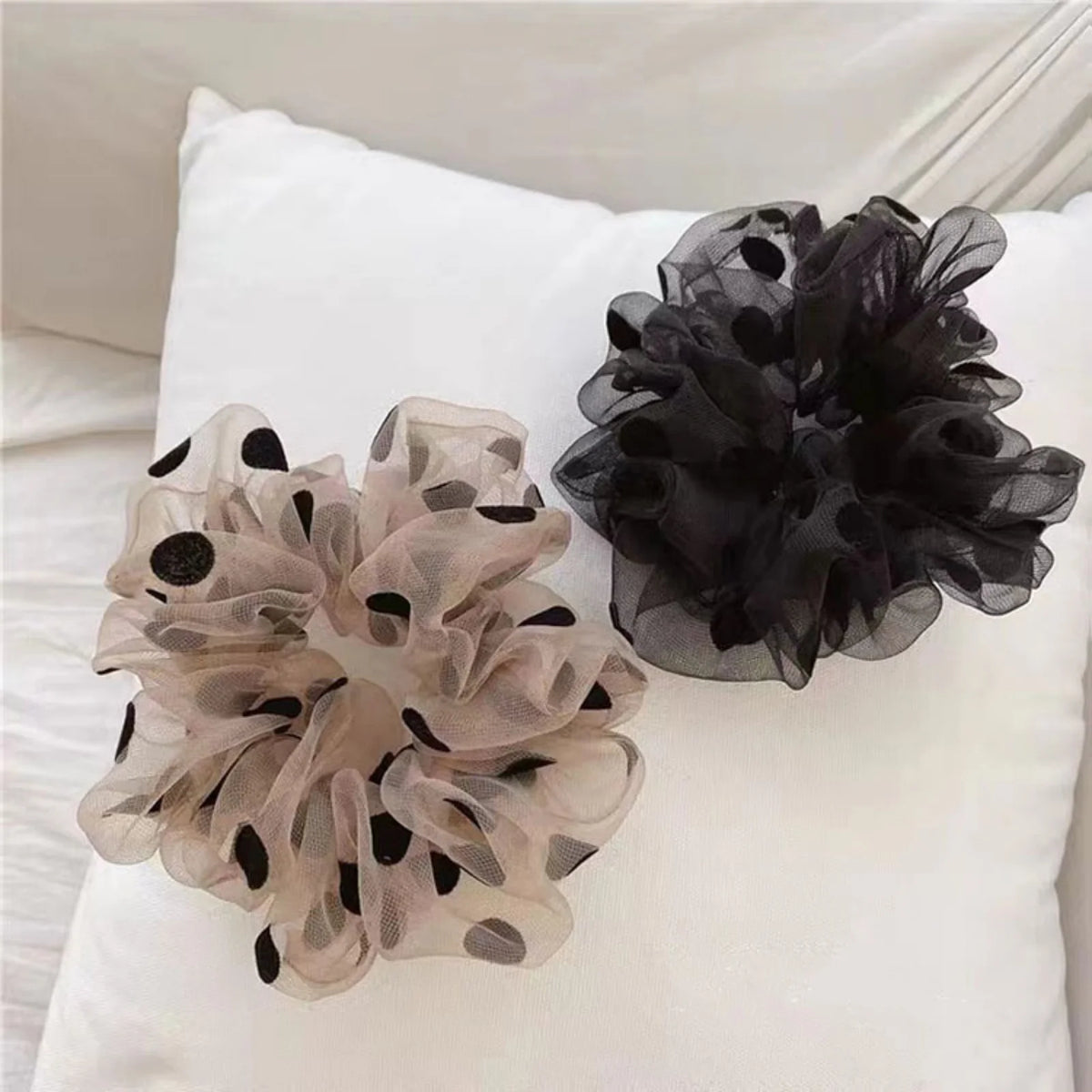 Polka Dot Organza Hair Scrunchie – Black & Beige Hair Tie Hair Scrunchie SWANS