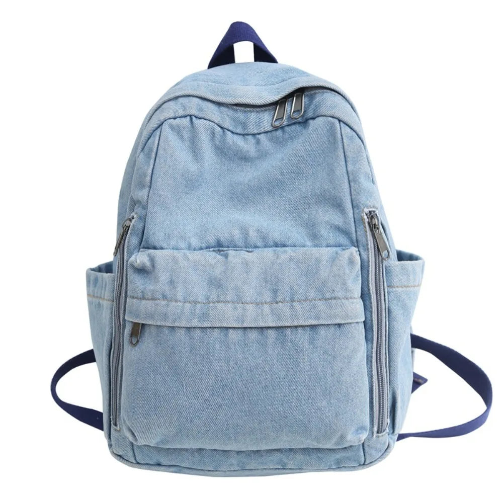Vintage Washed Denim Backpack – Student Laptop & Travel Bag Denim Backpack SWANS 1 Light blue