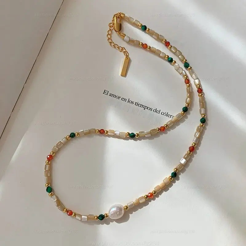 Colorful Pearl Choker – Freshwater Pearl & Natural Stone Necklace Pearl Beaded Necklace SWANS Colorful