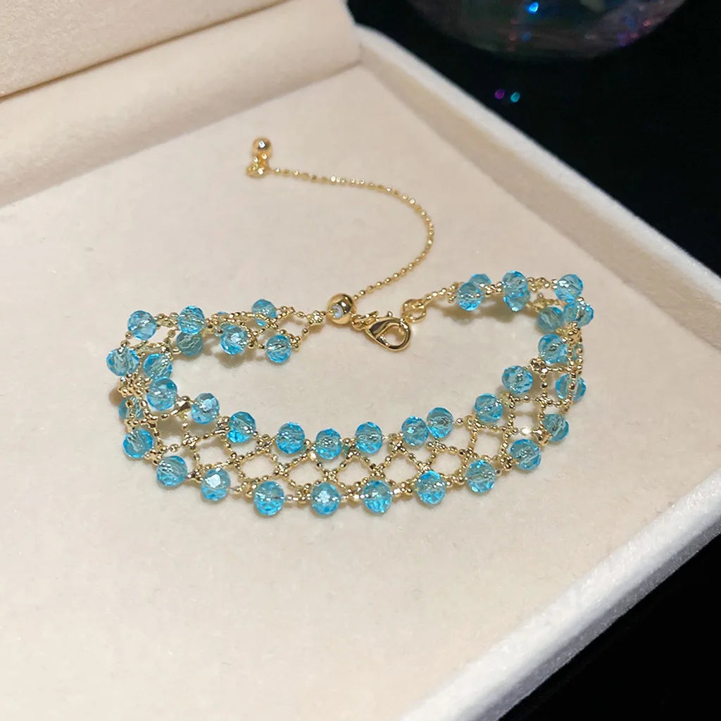 Women's Woven Crystal Alloy Bracelet – Adjustable Geometric Fashion Bracelet SWANS Gold Blue