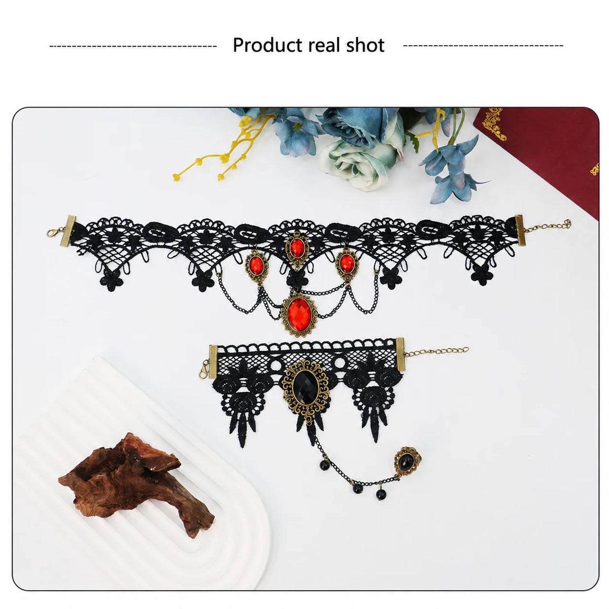 Gothic Black Lace Choker Necklace & Bracelet Set | Faux Gem Jewelry Set SWANS