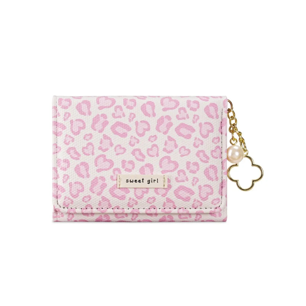 Women's PU Leopard Tri-Fold Wallet – Clover Pearl Pendant Tri-Fold Wallet SWANS Light Pink