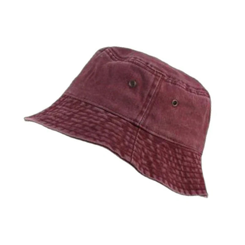 Retro Washed Denim Bucket Hat – Unisex Wide Brim Cap Denim Bucket Hat SWANS wine red one size