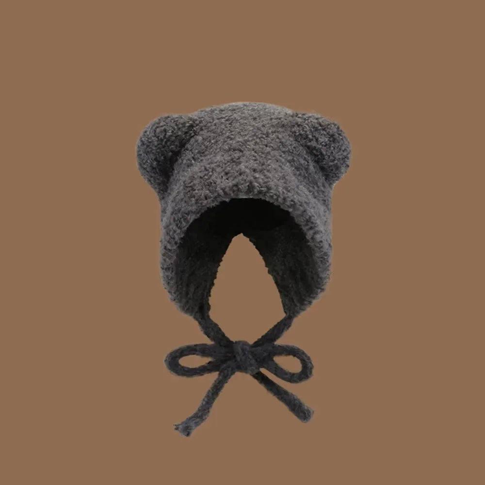Y2K Bear Ear Knit Beanie Hat – Warm Lace-Up Cap for Women Knit Beanie Hat SWANS Grey