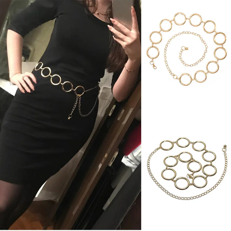 Women's Circle Metal Chain Belt – Gold & Silver Tassel Waistband Metal Chain Belt SWANS