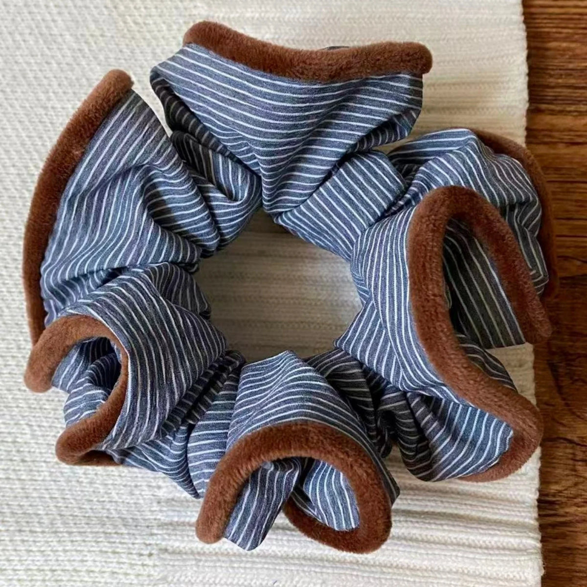 Striped Flannel Scrunchie – Soft Fleece Elastic Hair Band Flannel Hair Scrunchie SWANS blue