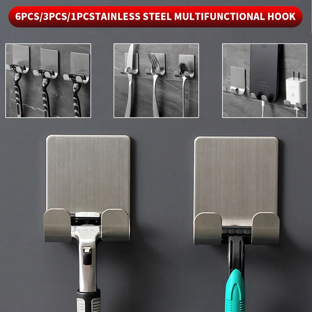 SWANS Stainless Steel No-Drill Adhesive Hooks 1/3/6 Pack Adhesive Wall Hooks SWANS