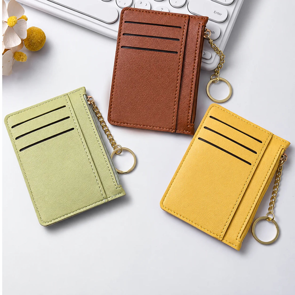 Zippered Card Wallet – Slim PU ID & Card Holder with Keyring Card Wallet Holder SWANS