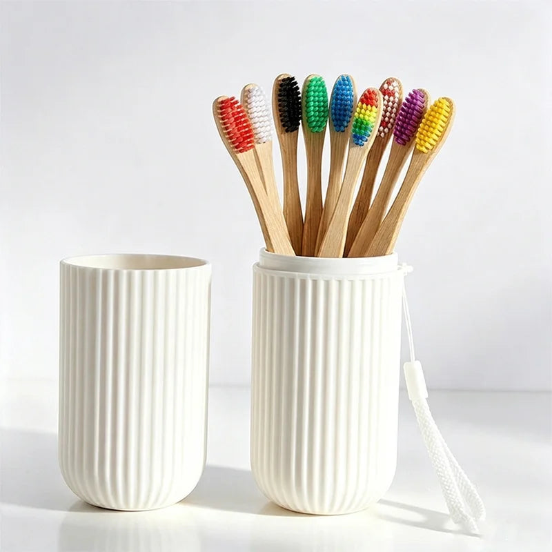 SWANS 10-Pack Bamboo Toothbrushes & Travel Cup – Soft Rainbow Bamboo Toothbrush Set SWANS