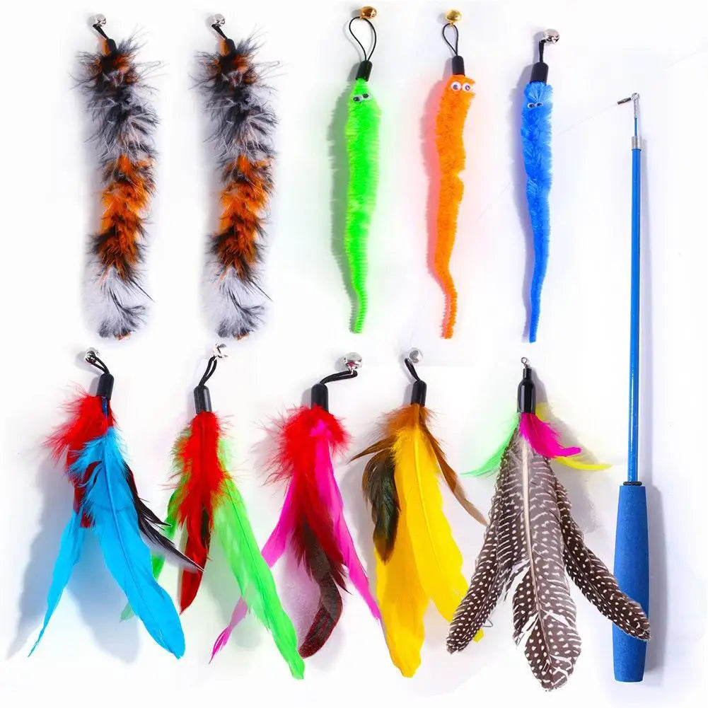 11-Piece Retractable Cat Wand Toy Set – 10 Feather Heads Cat Wand Toy Set SWANS