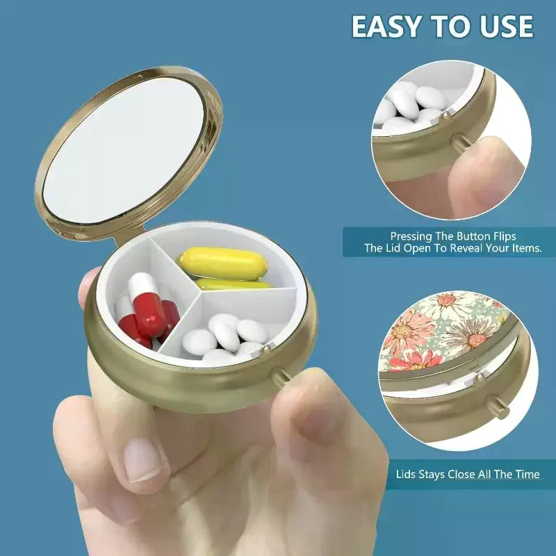 Portable Retro Pill Case with Mirror – 3-Grid Metal Organizer Portable Pill Organizer SWANS