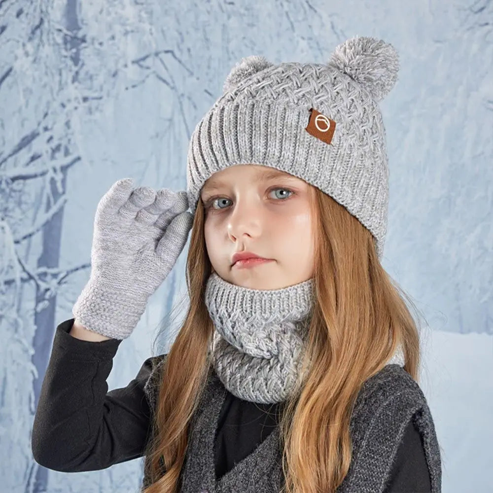 Kids Winter Hat Gloves & Scarf Set – Knit Beanie with Pom Kids Winter Accessory Set SWANS