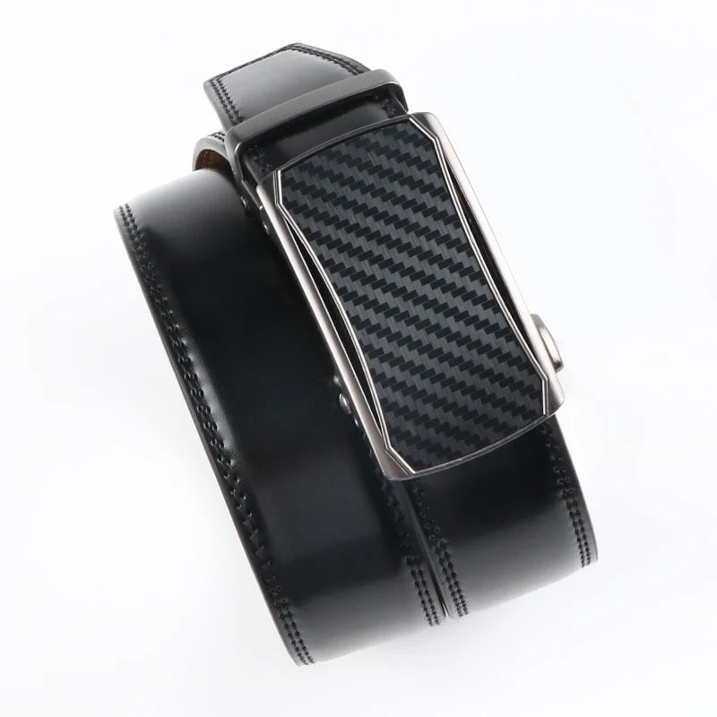 Men's Leather Ratchet Belt – Adjustable Auto Buckle Men's Leather Belt SWANS DP55 Black 115cm-Fit 32in-38in