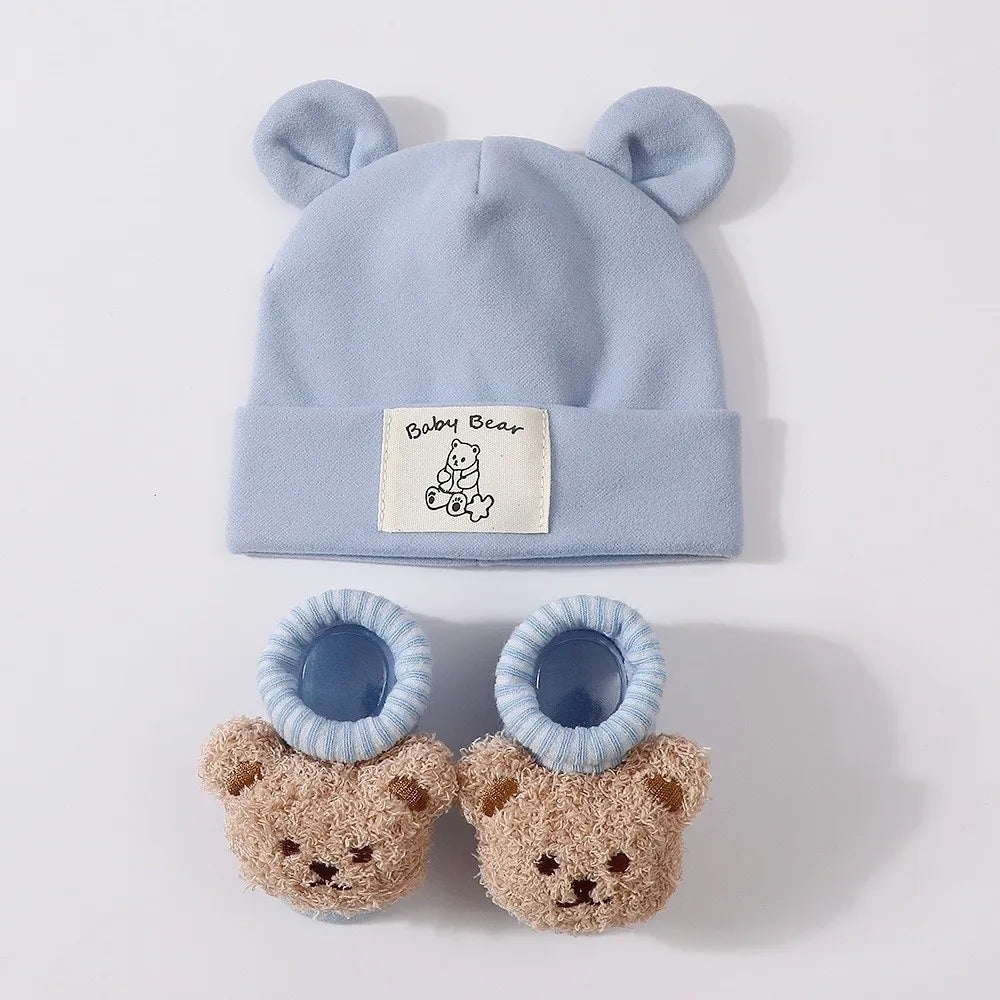 Newborn Bear Ear Beanie & Socks Set – Soft Cotton 2-Piece Baby Hat & Socks Set SWANS