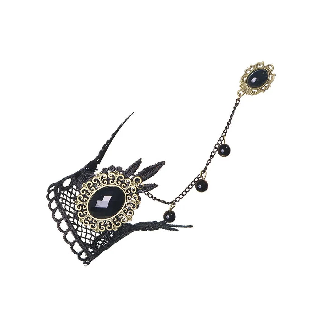 Gothic Black Lace Choker Necklace & Bracelet Set | Faux Gem Jewelry Set SWANS