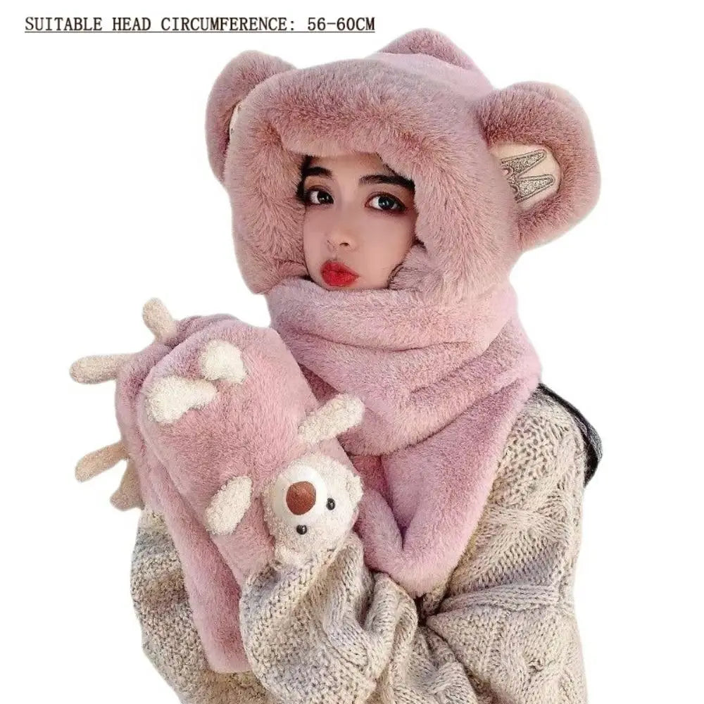 Women's Fleece-Lined Bear Ear Beanie Hat Scarf & Gloves Set Winter Accessories Set SWANS