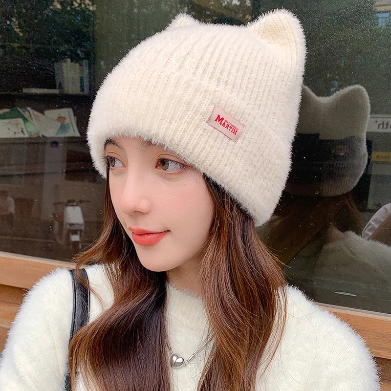 Cat Ears Knitted Beanie – Women's Winter Plush Pullover Hat Knitted Beanie Hat SWANS