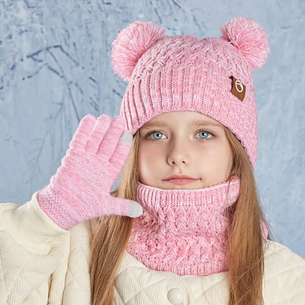 Kids Winter Hat Gloves & Scarf Set – Knit Beanie with Pom Kids Winter Accessory Set SWANS