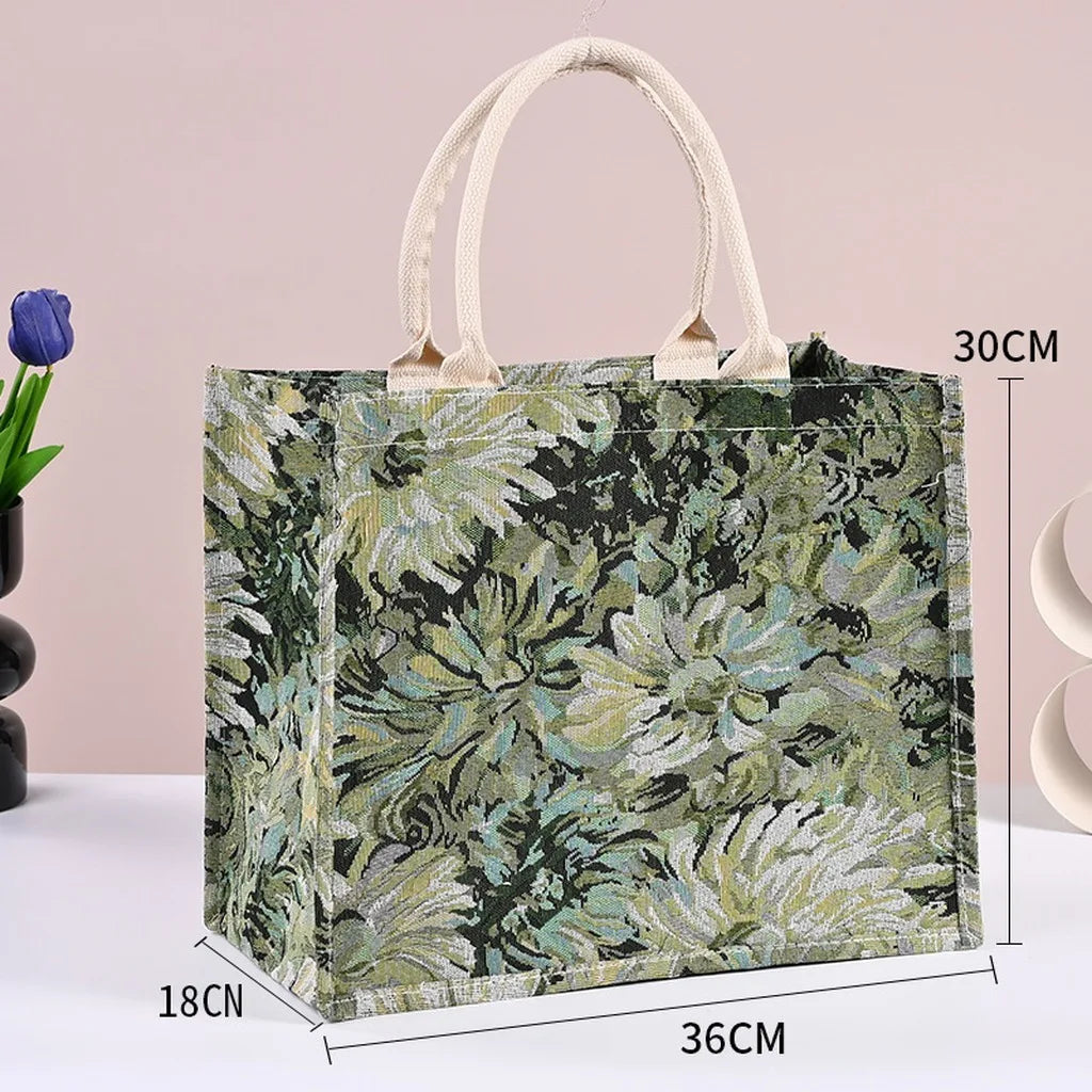 Vintage Linen Jute Tote Bag – Embroidered Reusable Shopper Embroidered Tote Bag SWANS Green-30x36x18 cm