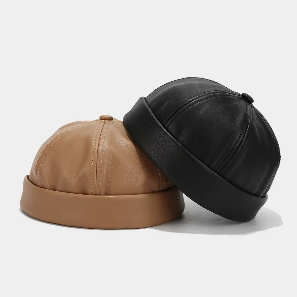 Retro PU Leather Brimless Hat – Unisex Adjustable Docker Cap Brimless Docker Hat SWANS