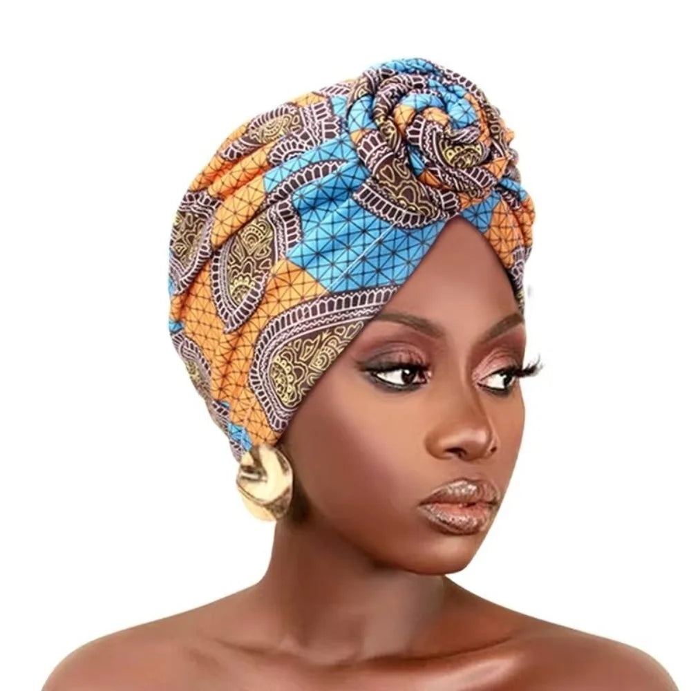 African Print Hijab Cap – Pleated Knotted Head Wrap | All Seasons Hijab Head Wrap SWANS 2
