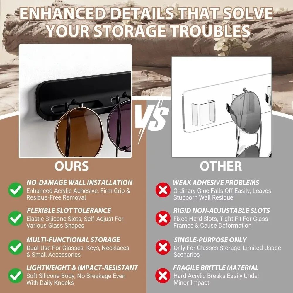 Silicone Wall-Mount Multi-Slot Sunglasses Organizer Rack Eyewear Wall Organizer SWANS
