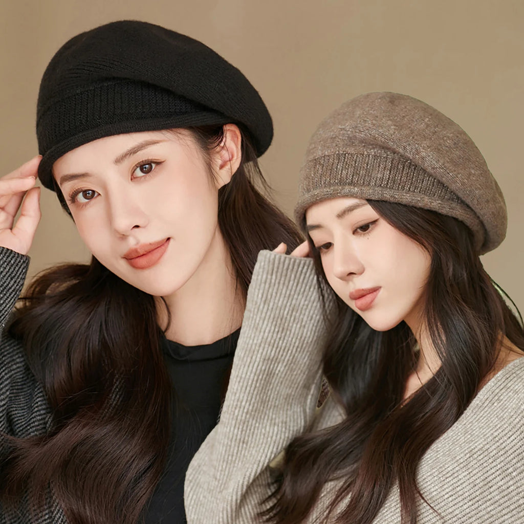 Women's Winter Knit Beret Beanie Hat – Warm Rolled Edge Cap Knit Beanie Hat SWANS
