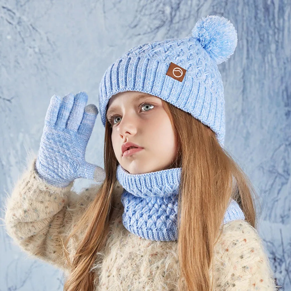 Kids Winter Knit Beanie Hat, Gloves & Scarf Set with Pom Fleece Kids Winter Accessory Set SWANS Lake Blue