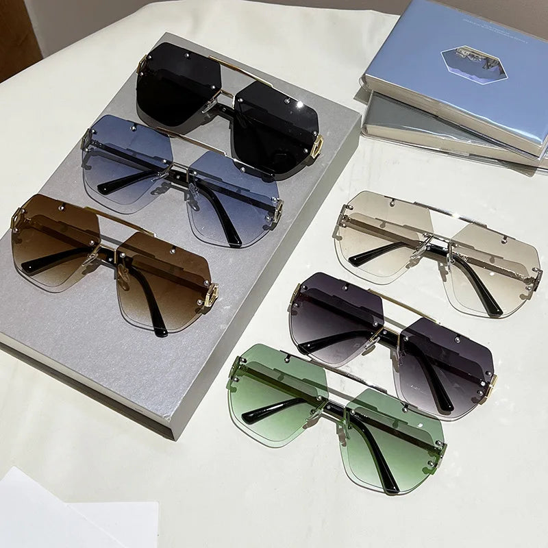 Y2K Rimless Pilot Sunglasses Double Bridge Rivet Metal Unisex Fashion Sunglasses SWANS