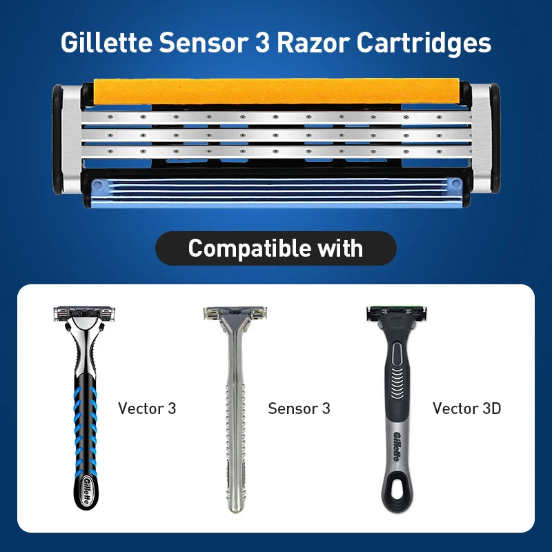 Gillette Sensor 3 Replacement Razor Heads 8-Pack | 3-Layer Blades Replacement Razor Cartridges SWANS