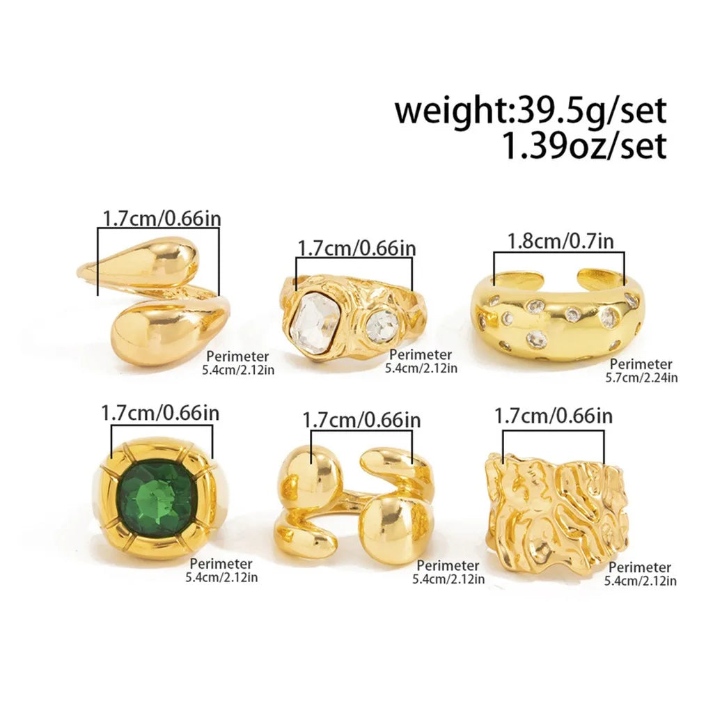 6-Piece Gold Plated Geometric Gemstone Ring Set – Adjustable Fashion Ring Set SWANS