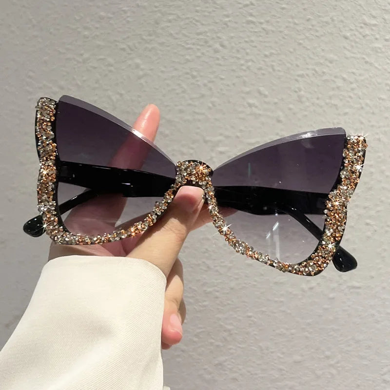 TOYEARN Diamond Butterfly Rhinestone Sunglasses – Vintage Punk Fashion Sunglasses SWANS Black Gray As the picture