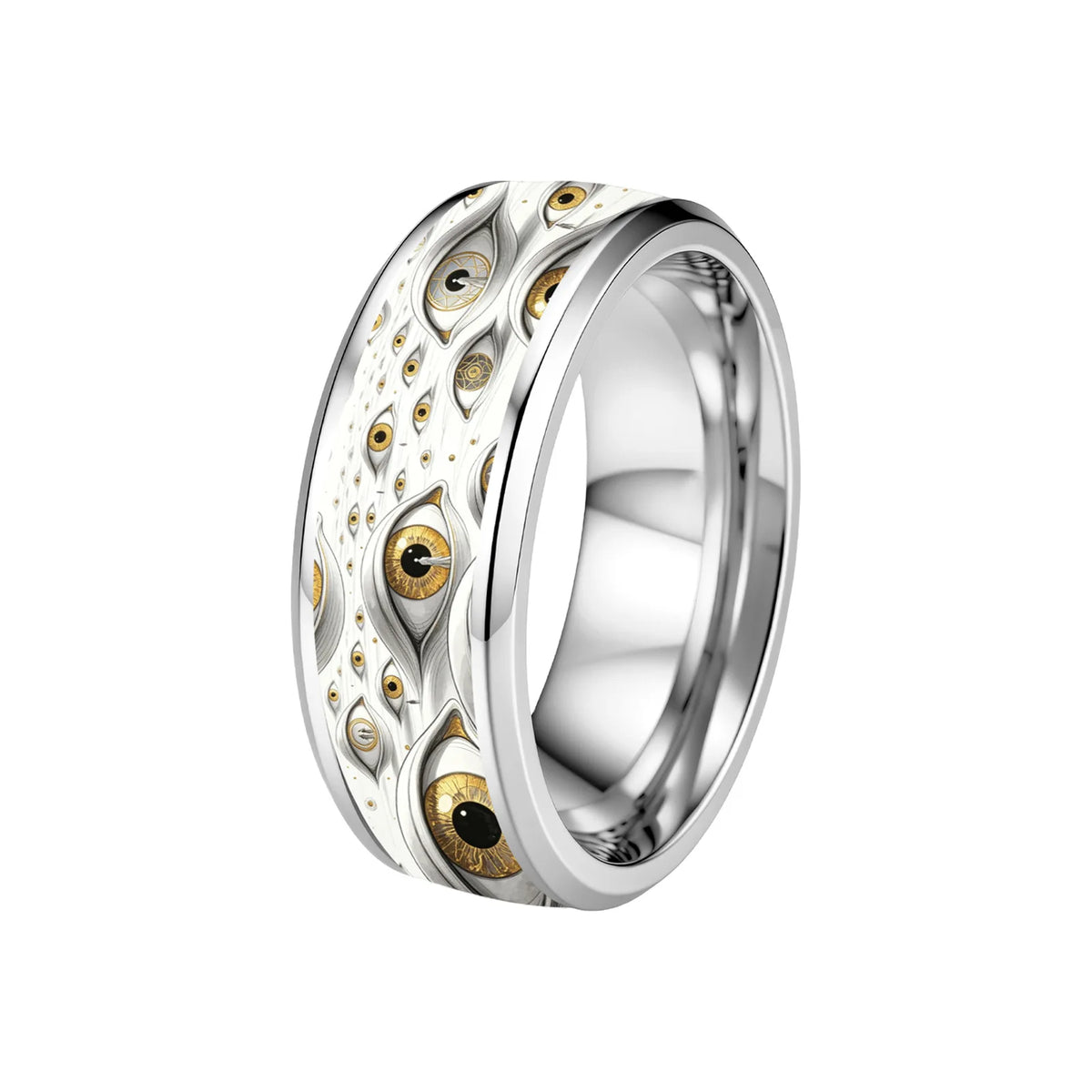2-Piece 8MM Eye of Truth Stainless Steel Ring Set | Black & White Stainless Steel Ring Set SWANS