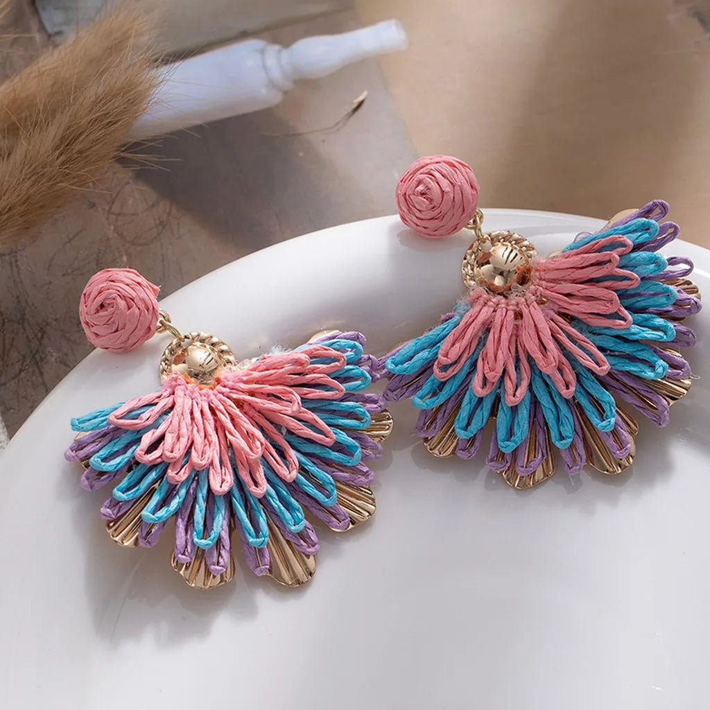 Women's Bohemian Raffia Flower Fan Drop Earrings Drop Earrings SWANS Pink Blue Purple