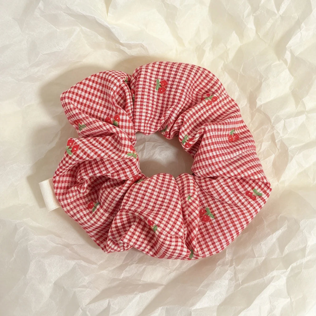 Christmas Cherry Gingham Scrunchie – Red Plaid Ponytail Holder Hair Scrunchie SWANS 1PC