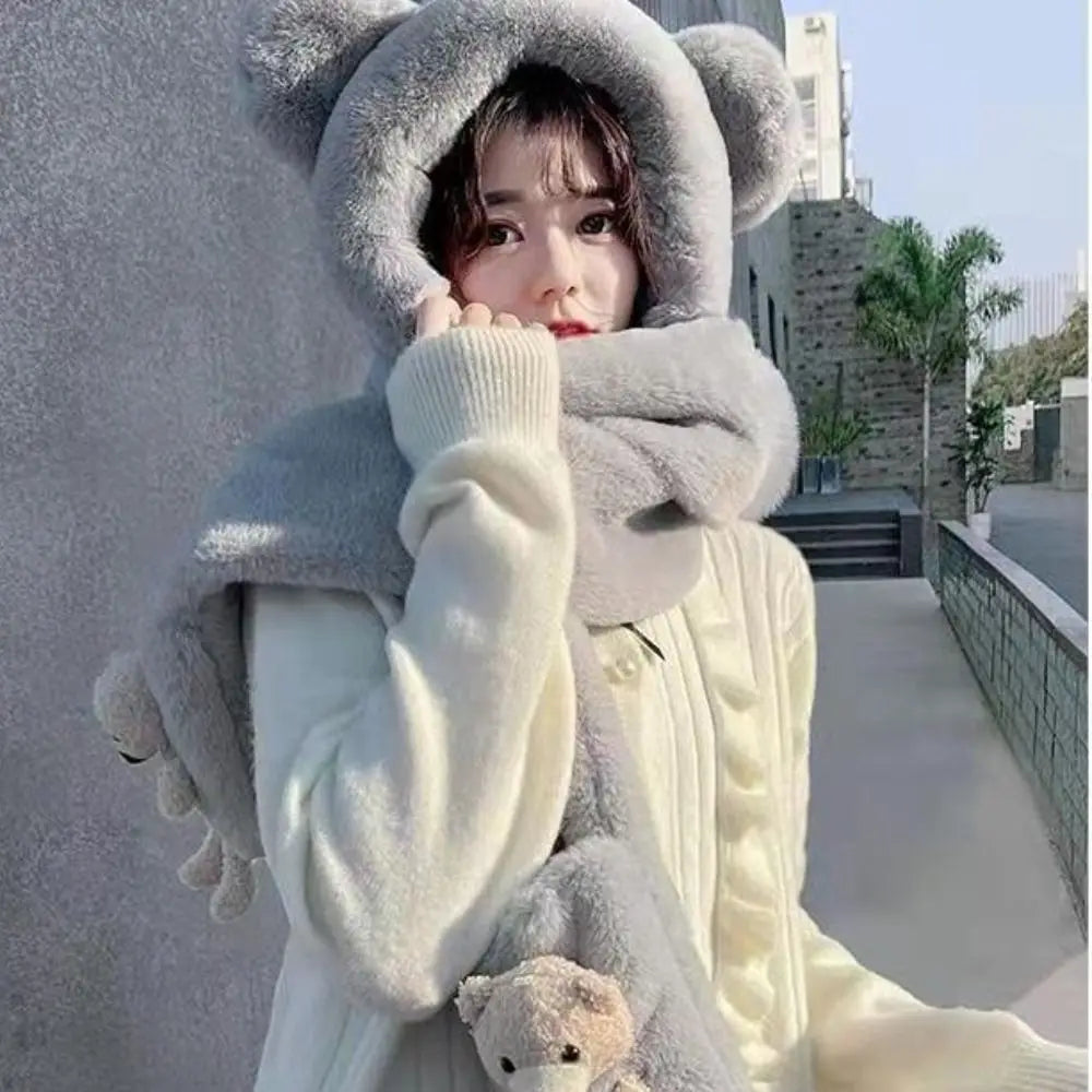 Women's Fleece-Lined Bear Ear Beanie Hat Scarf & Gloves Set Winter Accessories Set SWANS