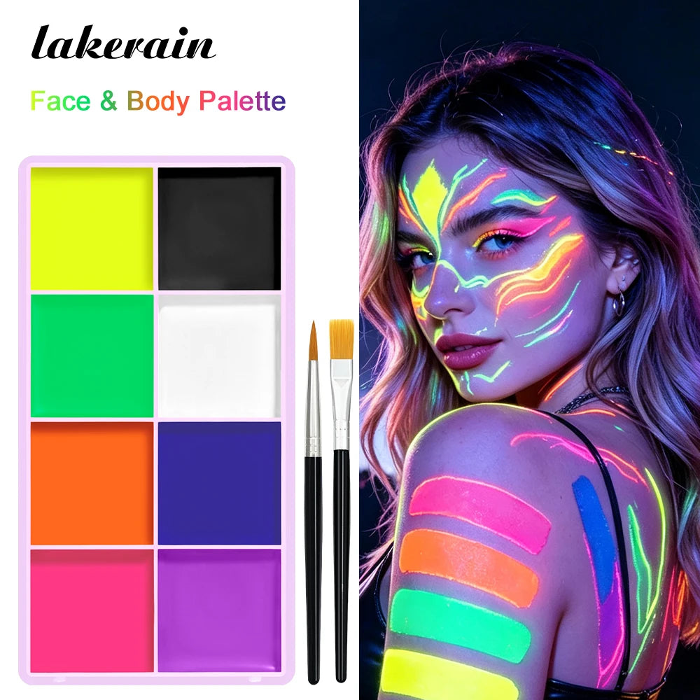 Face & Body Paint Palette – 8 Shades, Waterproof + 2 Brushes Face & Body Paint SWANS Fluorescent Version