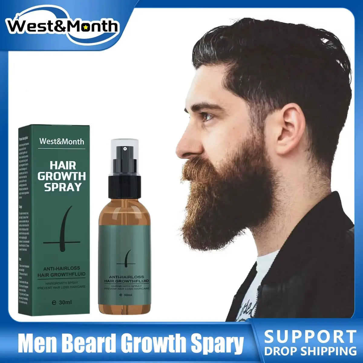West Month Beard Growth Kit – Roller & Essence Oil Spray 30ml Beard Growth Kit SWANS